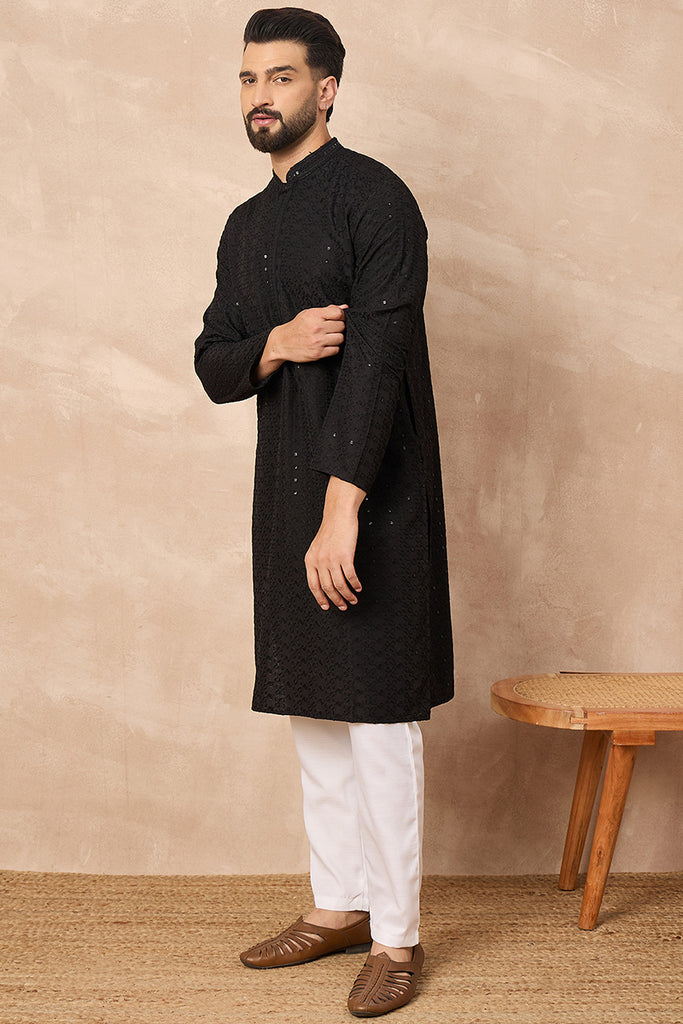 Black Viscose Rayon Embroidered Solid Straight Kurta With Trousers MKSET1190