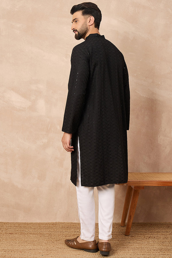 Black Viscose Rayon Solid Embroidered Chikankari Straight Kurta HOPMKU1190