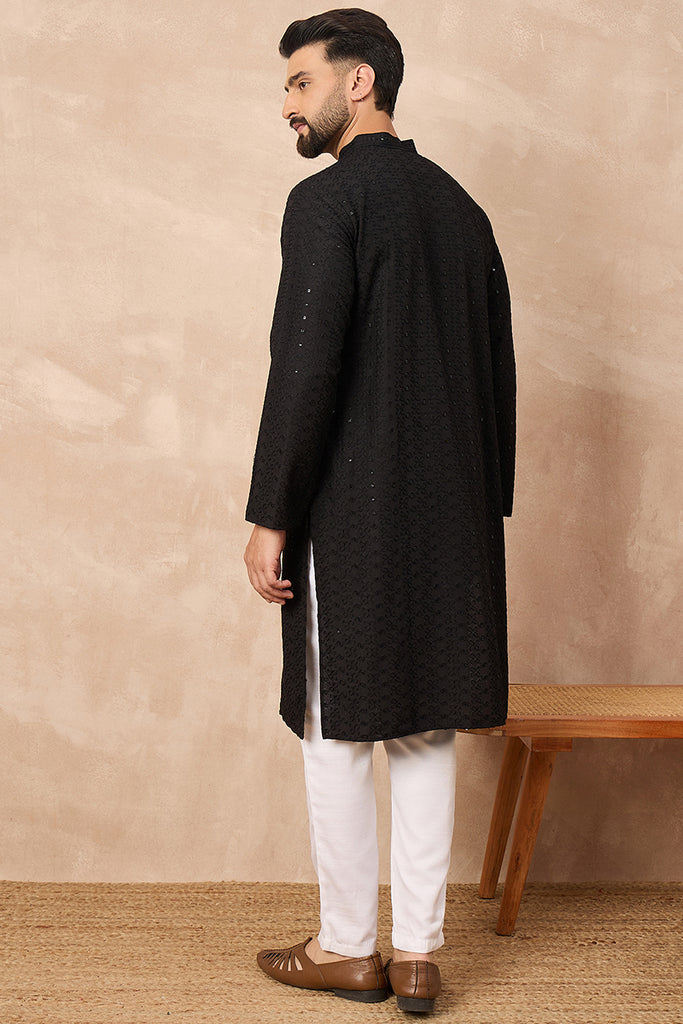 Black Viscose Rayon Embroidered Solid Straight Kurta With Trousers MKSET1190
