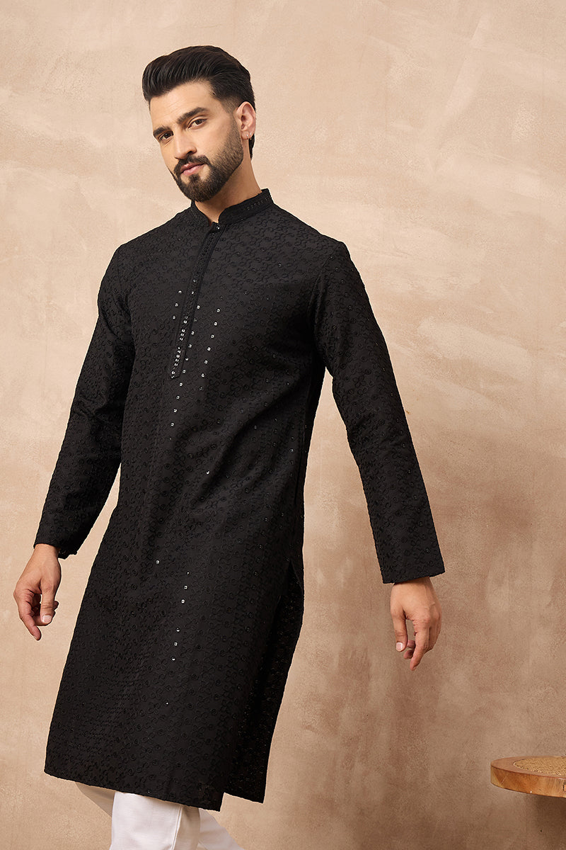 Black Viscose Rayon Embroidered Solid Straight Kurta With Trousers MKSET1190