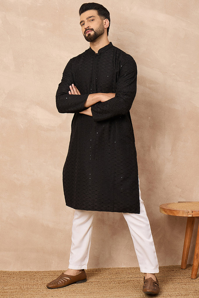 Black Viscose Rayon Embroidered Solid Straight Kurta With Trousers MKSET1190