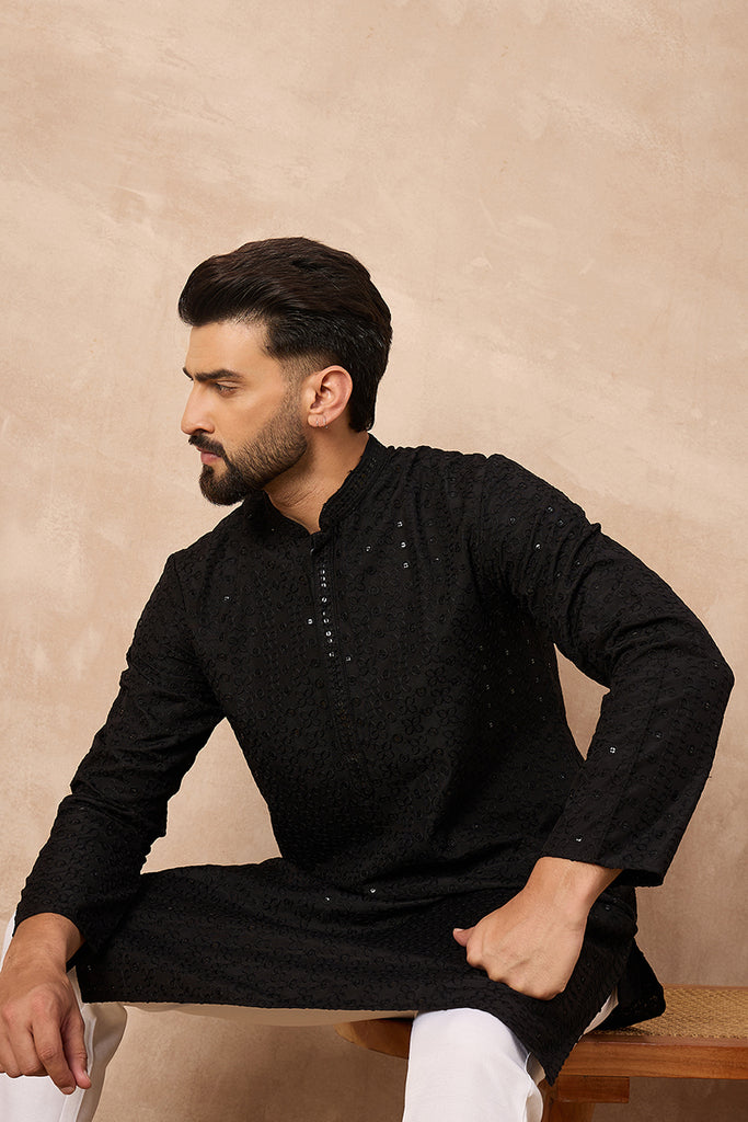 Black Viscose Rayon Embroidered Solid Straight Kurta With Trousers MKSET1190