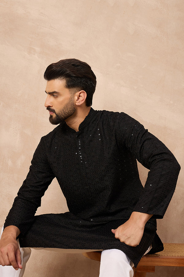 Black Viscose Rayon Embroidered Solid Straight Kurta With Trousers MKSET1190