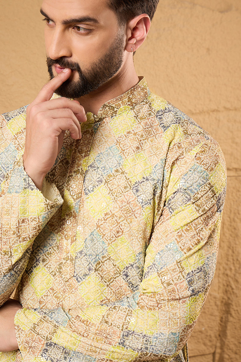 Yellow Viscose Rayon Bandhani Embroidered Straight Kurta MKU1192