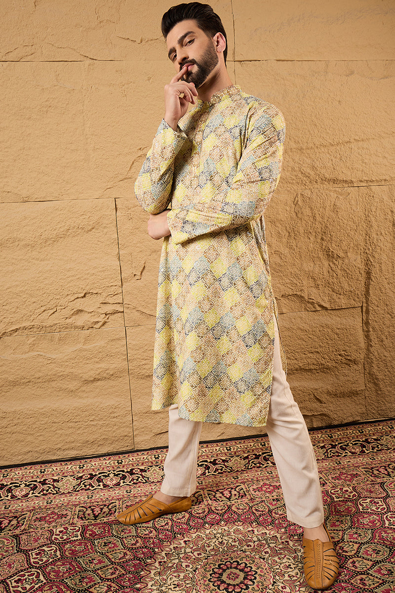 Yellow Viscose Rayon Bandhani Embroidered Straight Kurta MKU1192