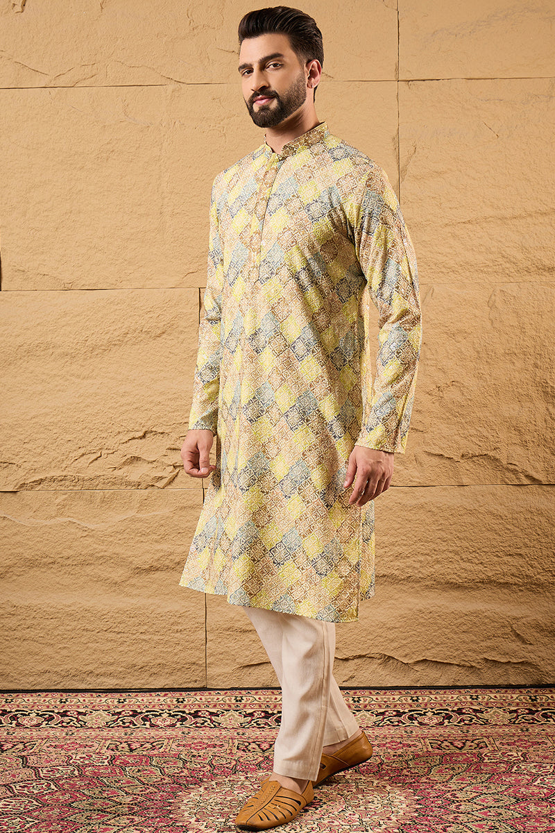 Yellow Viscose Rayon Bandhani Embroidered Straight Kurta HOPMKU1192