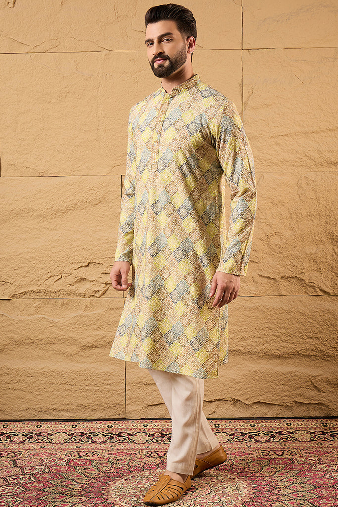 Yellow Viscose Rayon Bandhani Embroidered Straight Kurta HOPMKU1192