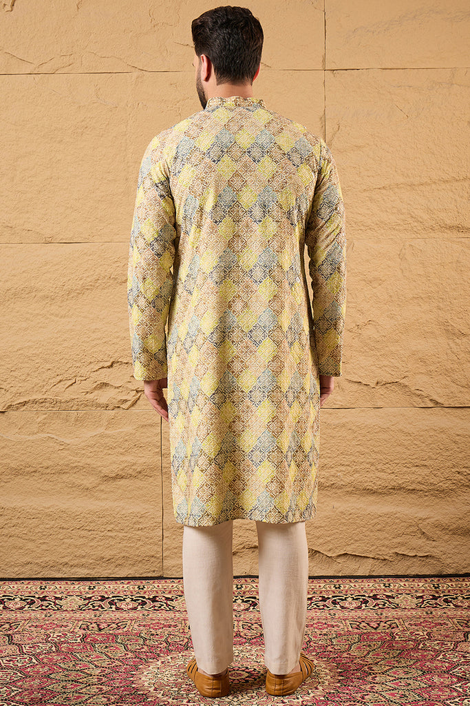 Yellow Viscose Rayon Bandhani Embroidered Straight Kurta With Pant Set MKSET1192