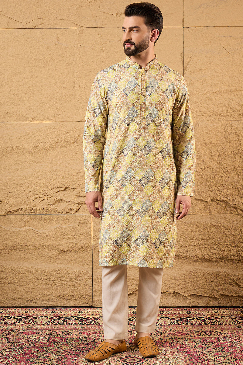Yellow Viscose Rayon Bandhani Embroidered Straight Kurta MKU1192
