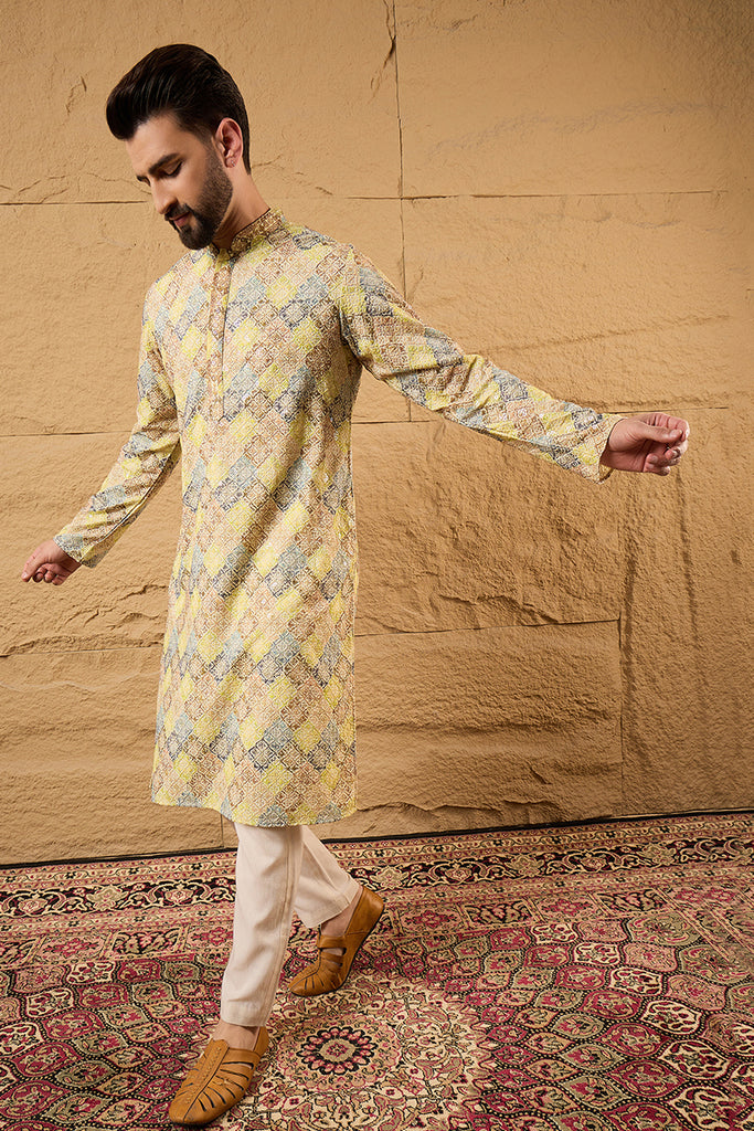Yellow Viscose Rayon Bandhani Embroidered Straight Kurta With Pant Set MKSET1192