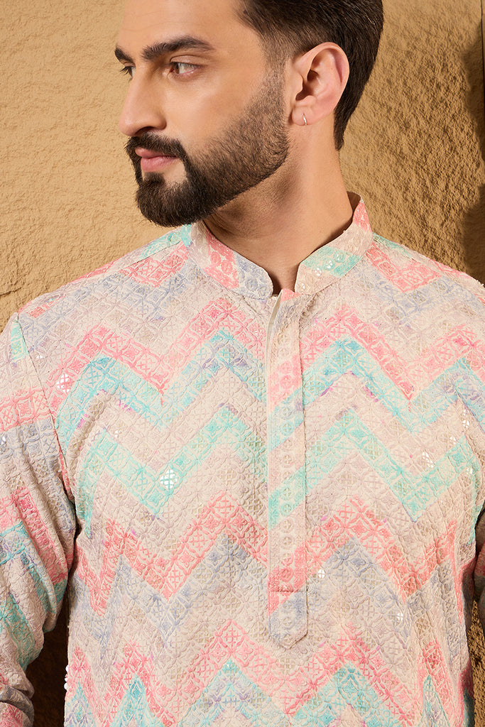 Multicolour Viscose Rayon Geometric Embroidered Straight Kurta With Pant Set MKSET1193