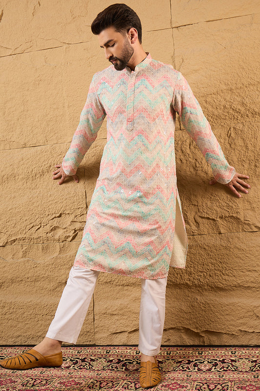 Multicolour Viscose Rayon Geometric Embroidered Straight Kurta With Pant Set MKSET1193