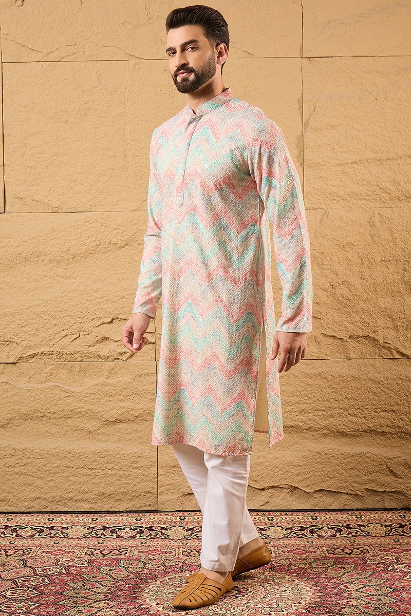 Multicolour Viscose Rayon Geometric Embroidered Straight Kurta With Pant Set MKSET1193