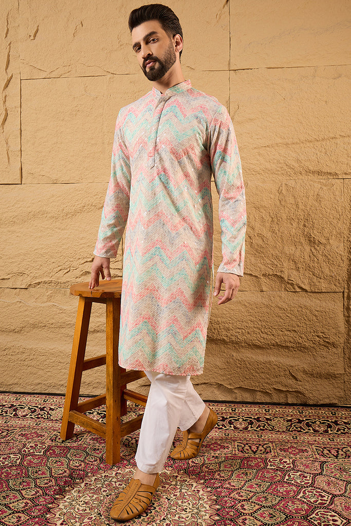 Multicolour Viscose Rayon Geometric Embroidered Straight Kurta HOPMKU1193