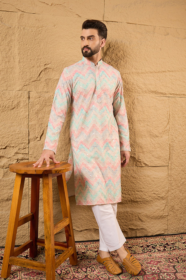 Multicolour Viscose Rayon Geometric Embroidered Straight Kurta With Pant Set MKSET1193