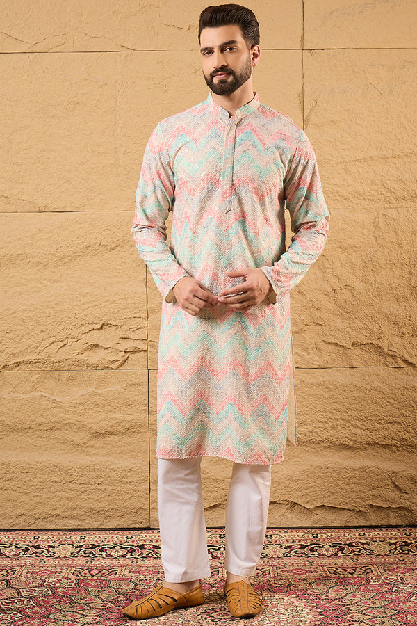 Multicolour Viscose Rayon Geometric Embroidered Straight Kurta With Pant Set MKSET1193