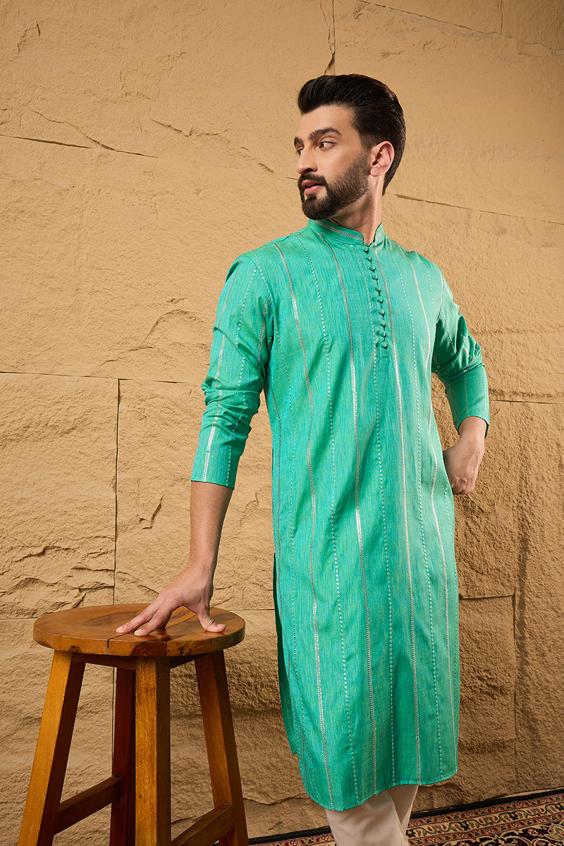 Turquoise Blue Cotton Solid Embroidered Straight Kurta MKU1195