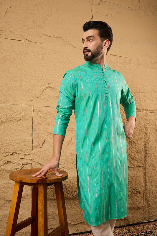 Turquoise Blue Cotton Solid Embroidered Straight Kurta MKU1195