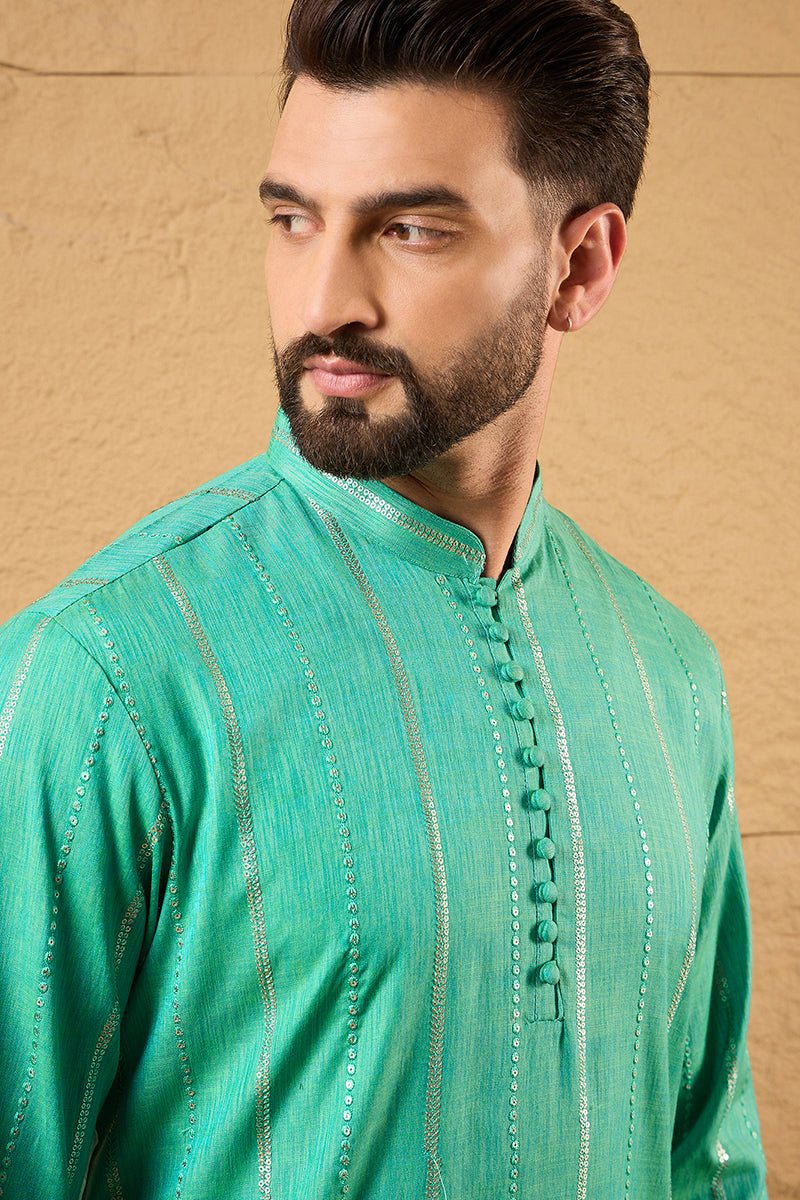 Turquoise Blue Cotton Solid Embroidered Straight Kurta MKU1195