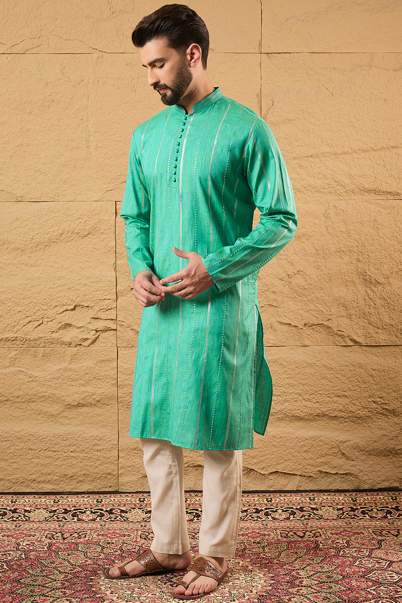 Turquoise Blue Cotton Solid Embroidered Straight Kurta MKU1195