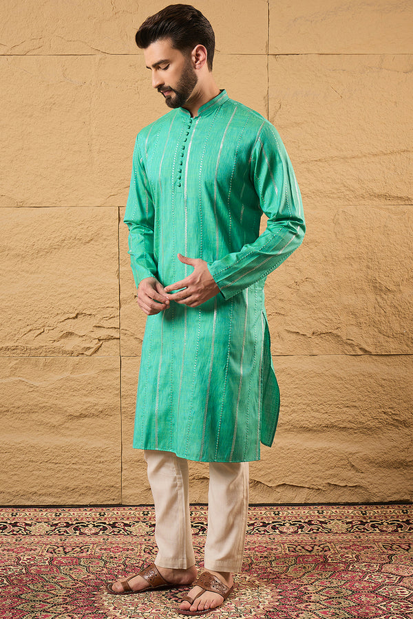 Turquoise Blue Cotton Solid Embroidered Straight Kurta MKU1195