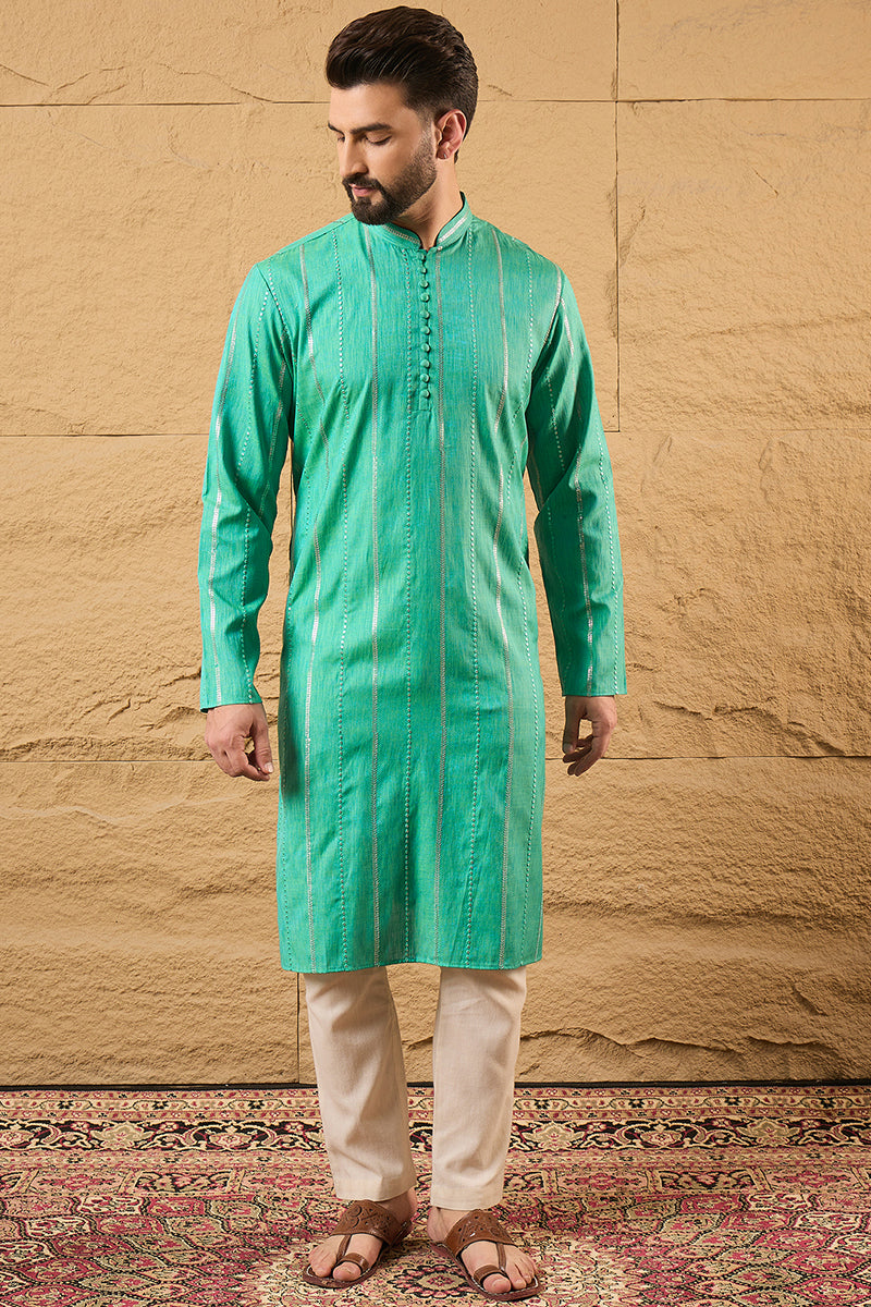 Turquoise Blue Cotton Solid Embroidered Straight Kurta MKU1195