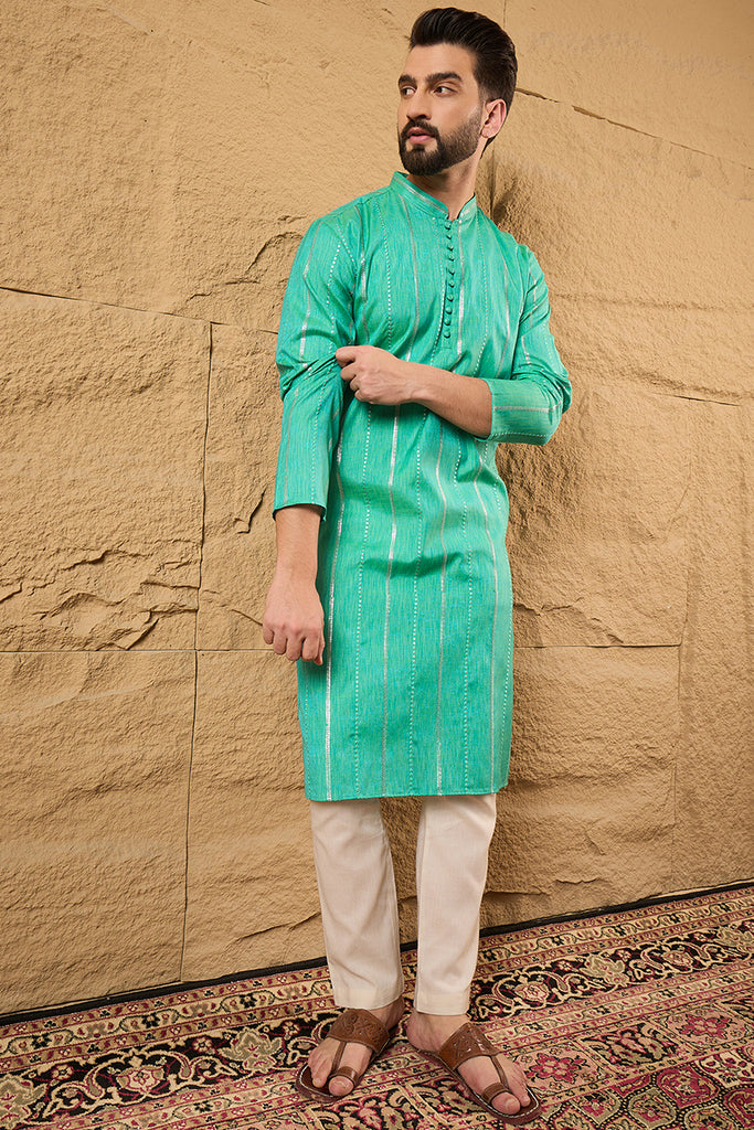 Turquoise Blue Pure Cotton Embroidered Straight Kurta HOPMKU1195