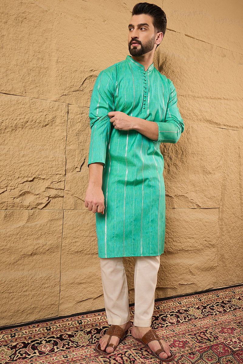 Turquoise Blue Cotton Solid Embroidered Straight Kurta MKU1195