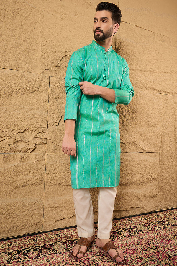 Turquoise Blue Cotton Solid Embroidered Straight Kurta MKU1195