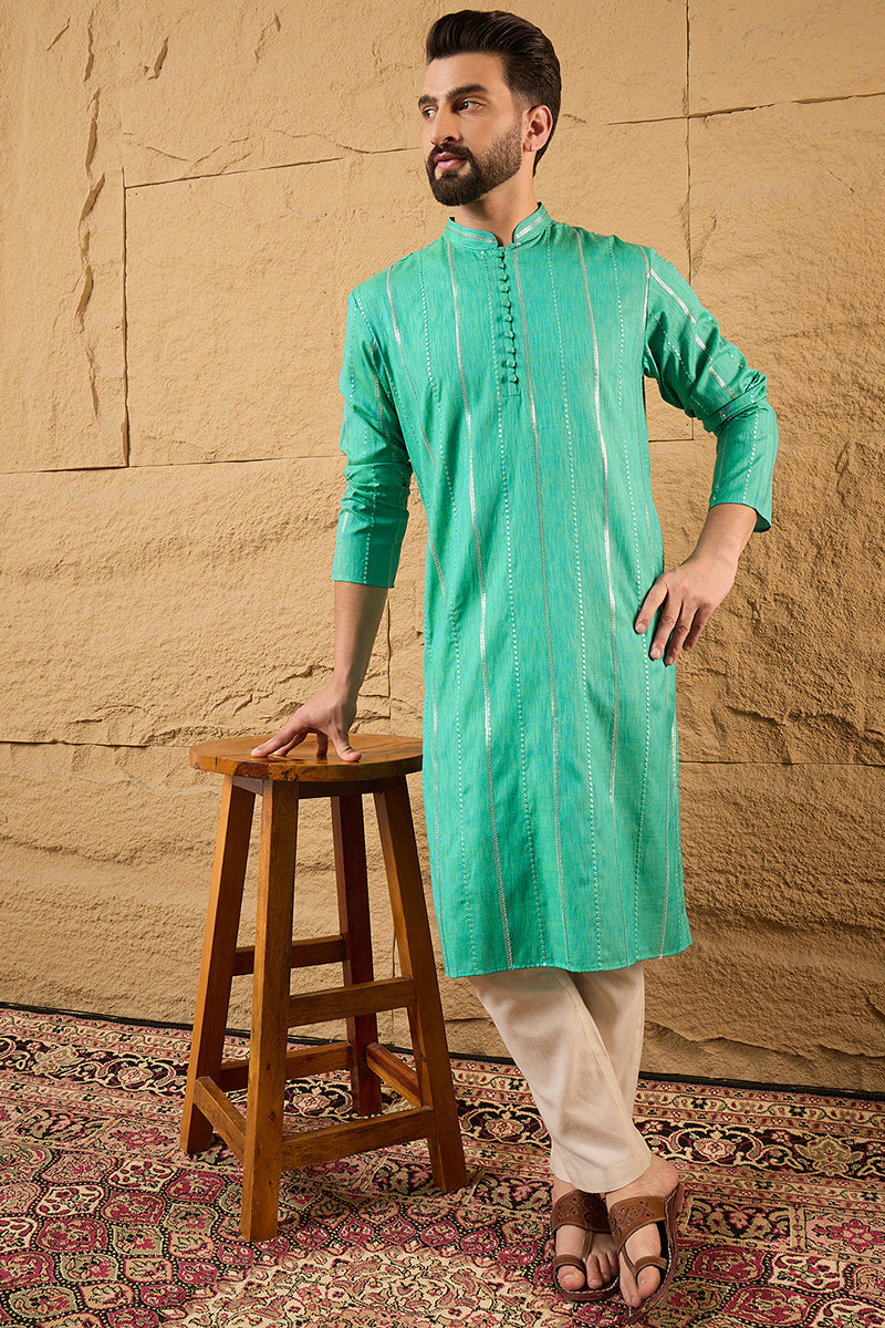 Turquoise Blue Cotton Solid Embroidered Straight Kurta MKU1195