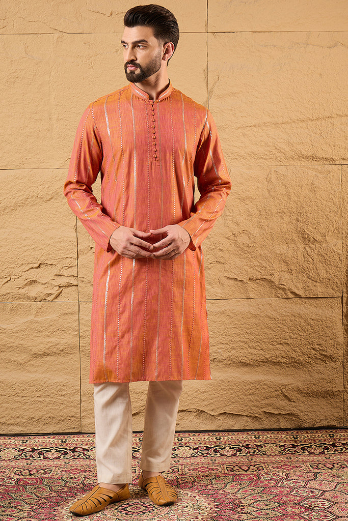 Orange Pure Cotton Embroidered Straight Kurta HOPMKU1196