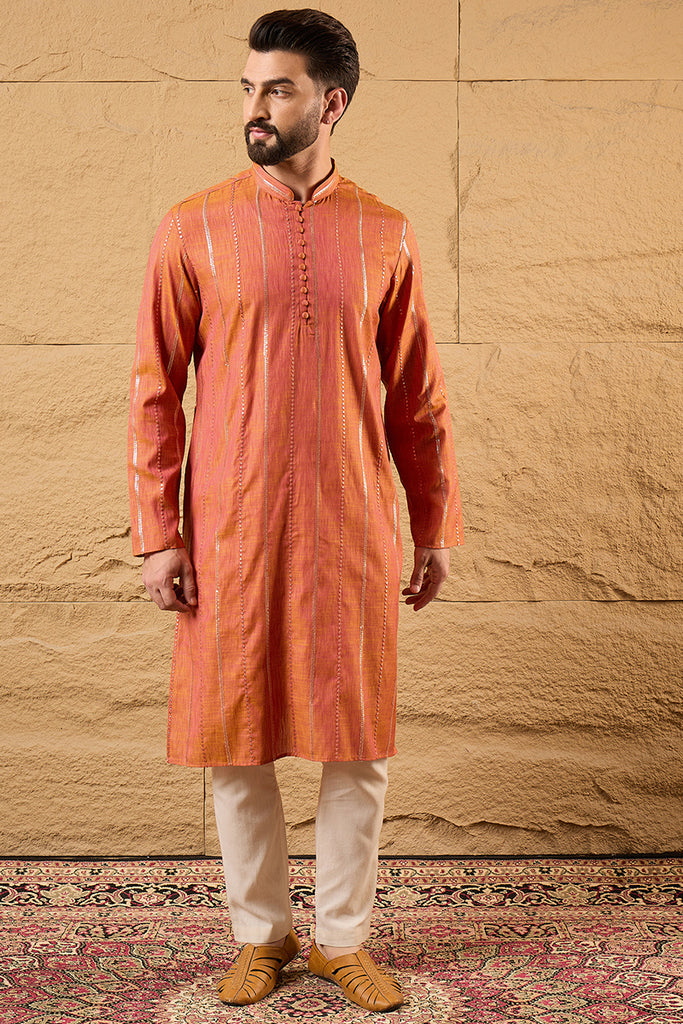 Orange Pure Cotton Embroidered Straight Kurta HOPMKU1196