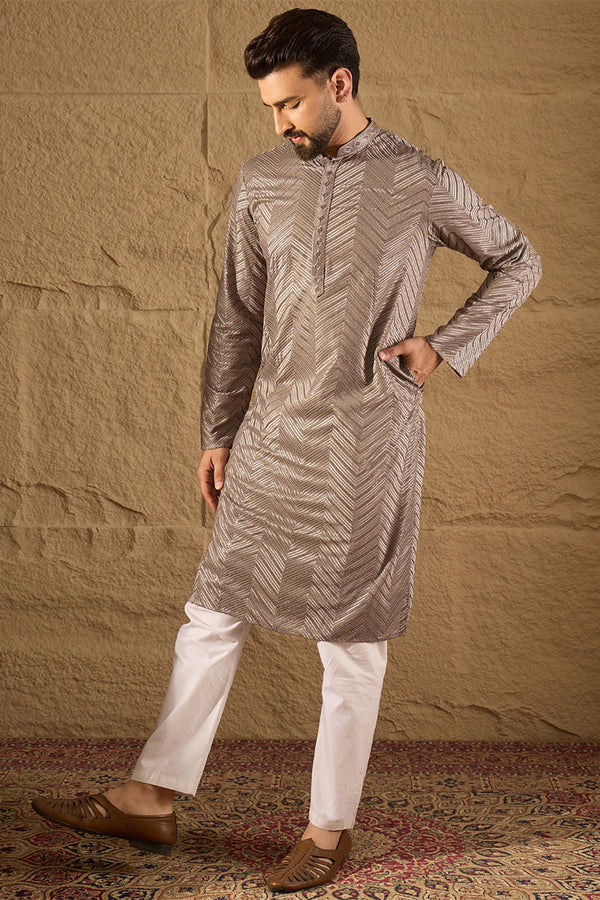 Grey Viscose Rayon Solid Embroidered Straight Kurta with Trousers MKSET1202