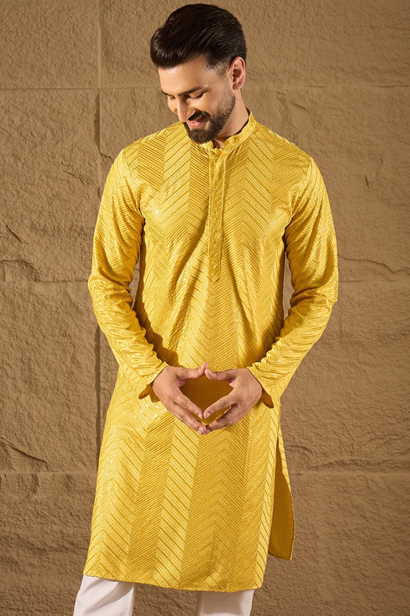 Yellow Viscose Rayon Solid Embroidered Straight Kurta MKU1204