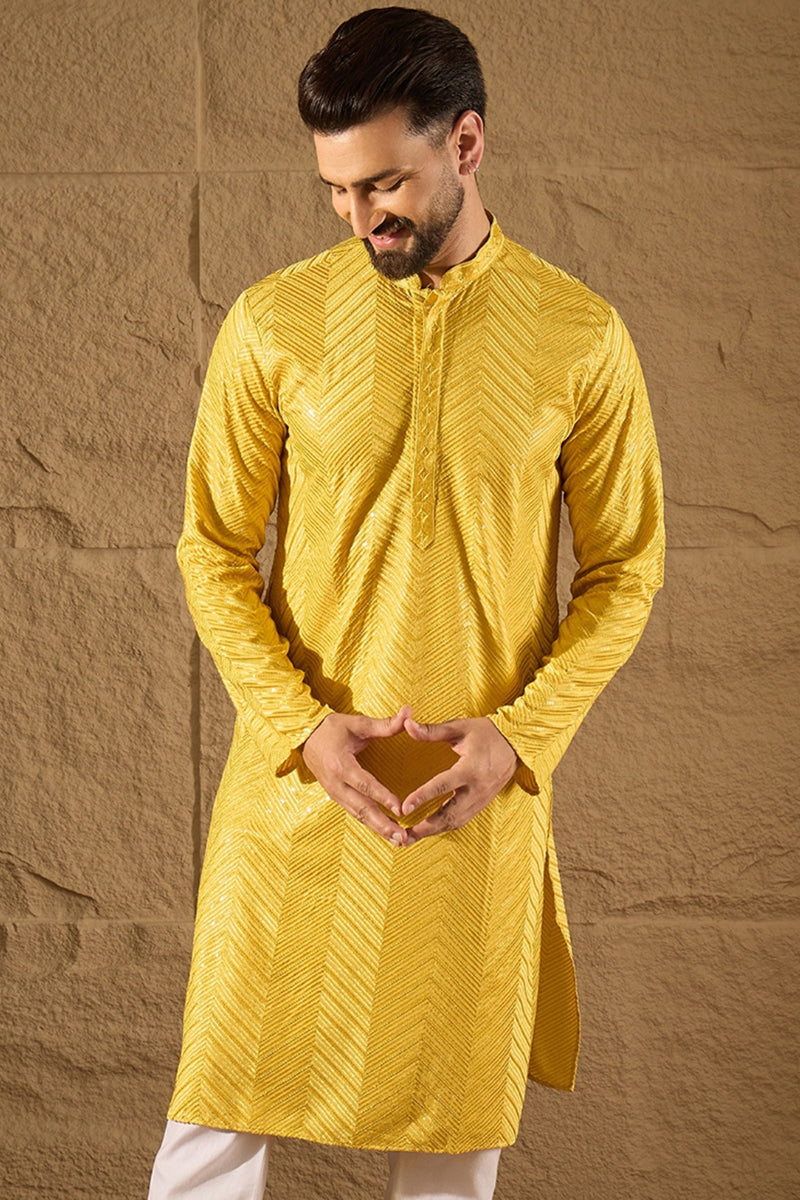 Yellow Viscose Rayon Solid Embroidered Straight Kurta MKU1204