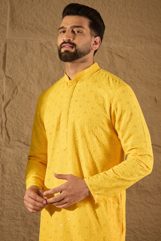 Yellow Viscose Rayon Solid Embroidered Straight Kurta MKU1212