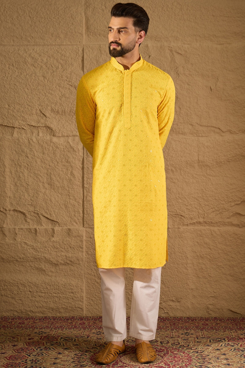 Yellow Viscose Rayon Solid Embroidered Straight Kurta MKU1212