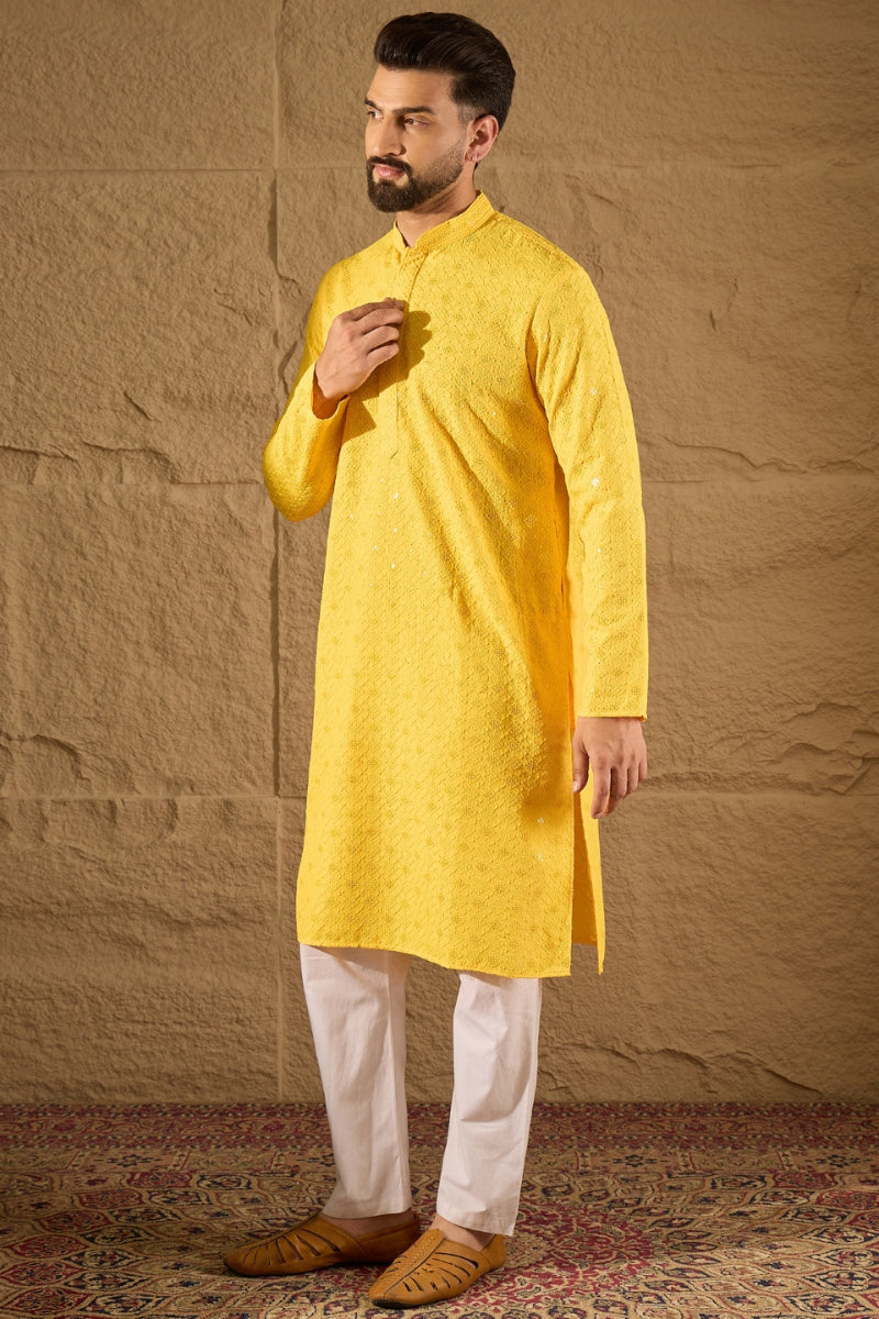 Yellow Viscose Rayon Solid Embroidered Straight Kurta MKU1212