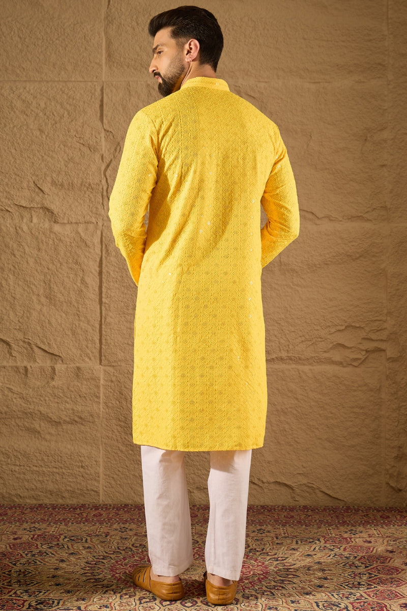 Yellow Viscose Rayon Solid Embroidered Straight Kurta With Pant Set MKSET1212