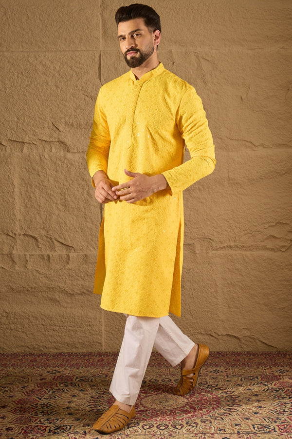 Yellow Viscose Rayon Solid Embroidered Straight Kurta MKU1212