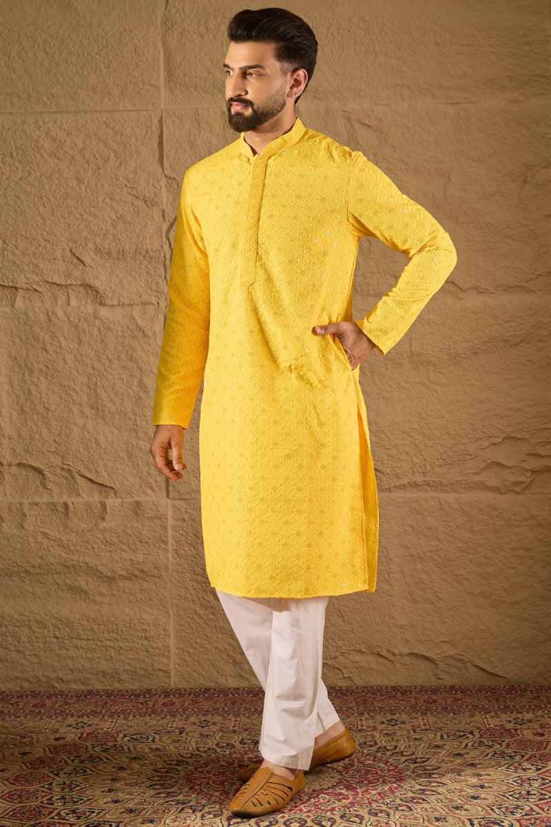 Yellow Viscose Rayon Solid Embroidered Straight Kurta With Pant Set MKSET1212