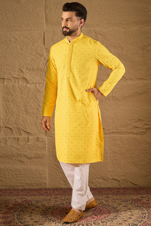 Yellow Viscose Rayon Solid Embroidered Straight Kurta With Pant Set MKSET1212