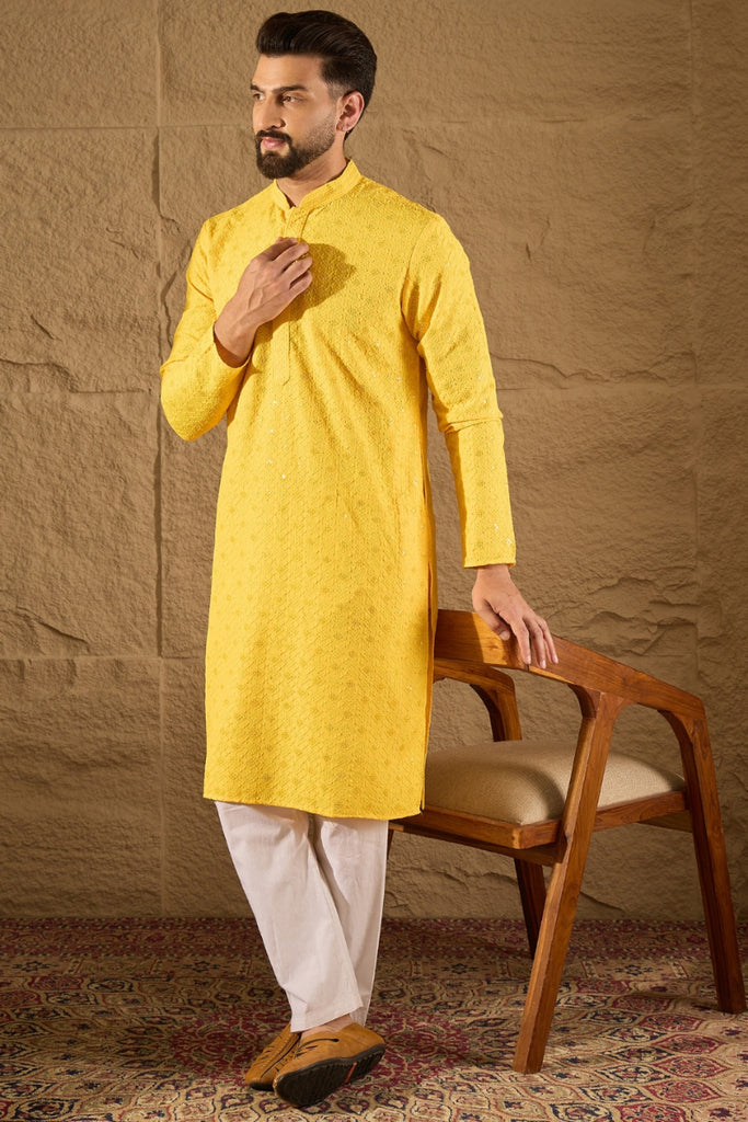 Yellow Viscose Rayon Solid Embroidered Straight Kurta With Pant Set MKSET1212