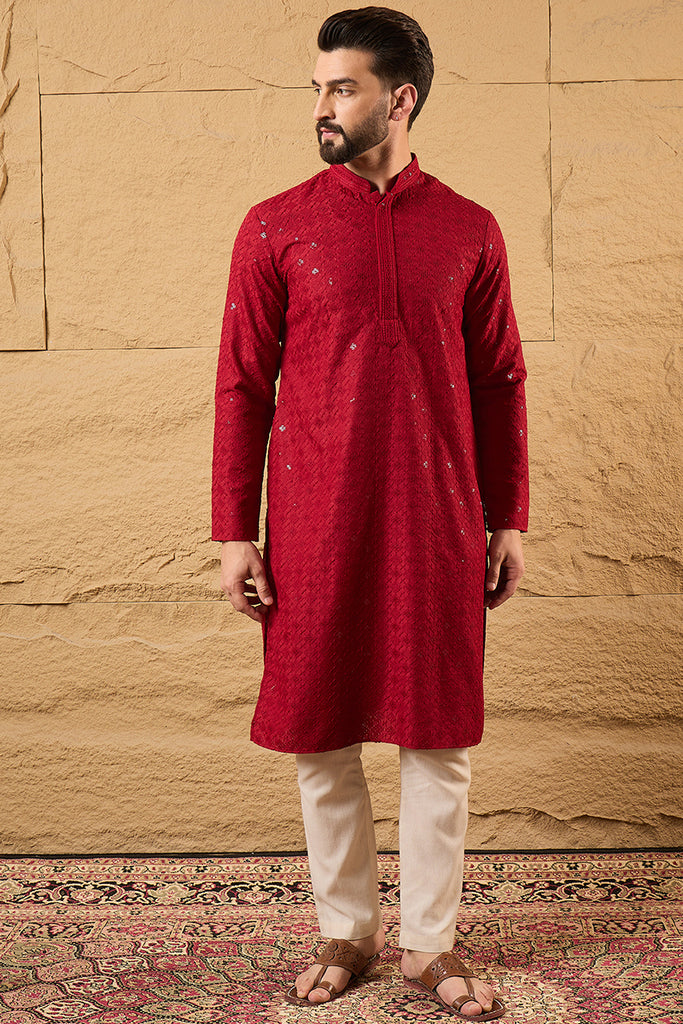 Maroon Rayon Blend Solid Embroidered Straight Kurta HOPMKU1213