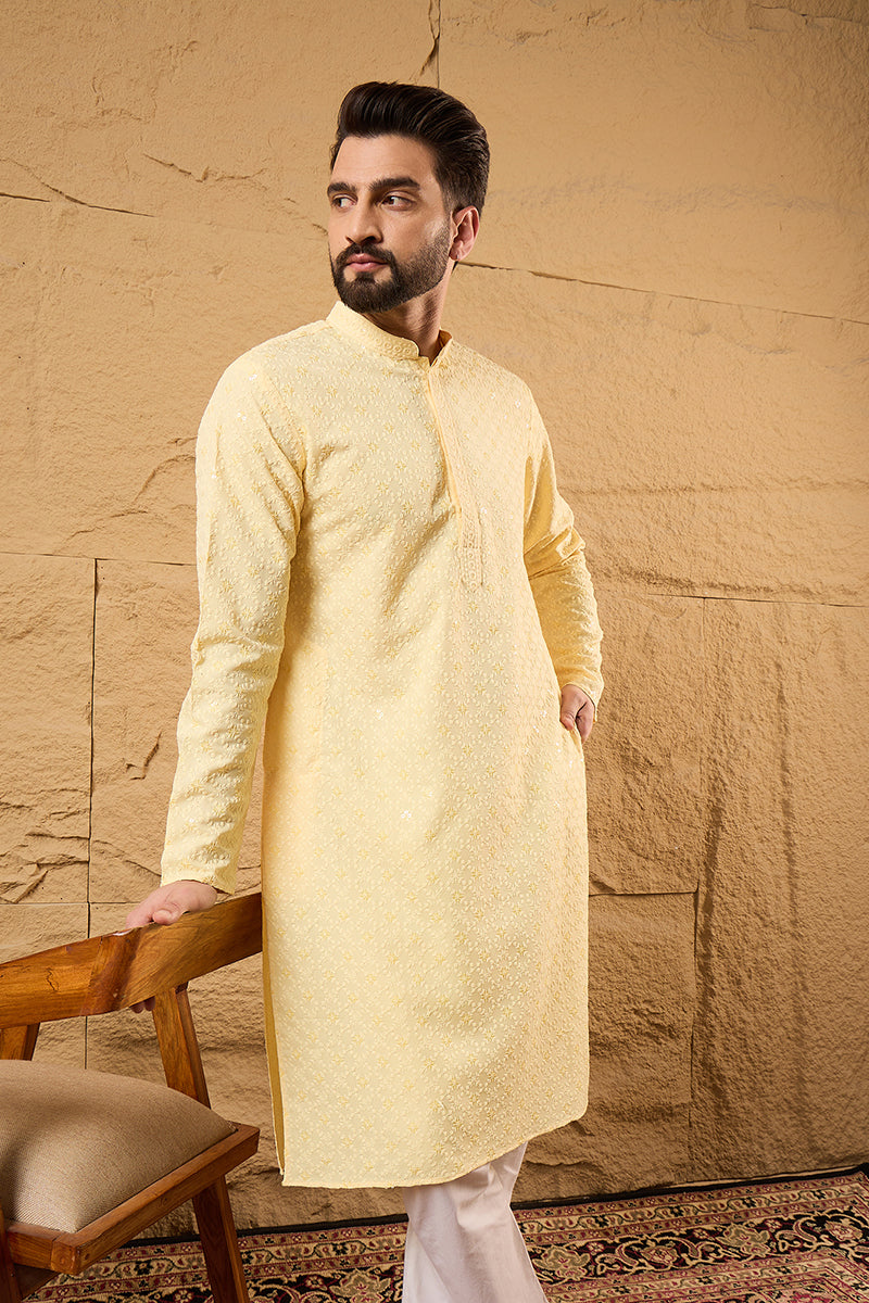Yellow Rayon Blend Solid Embroidered Straight Kurta HOPMKU1218