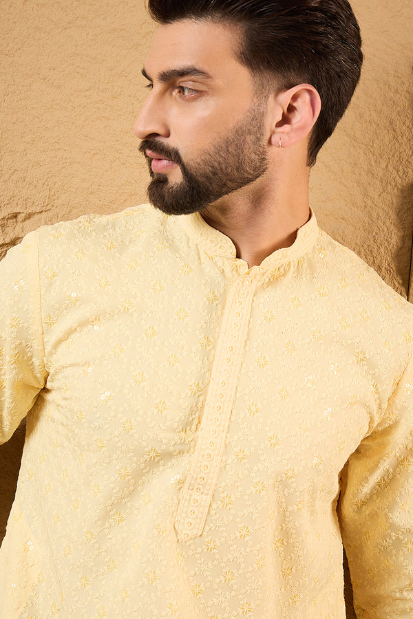 Yellow Rayon Blend Solid Embroidered Straight Kurta HOPMKU1218