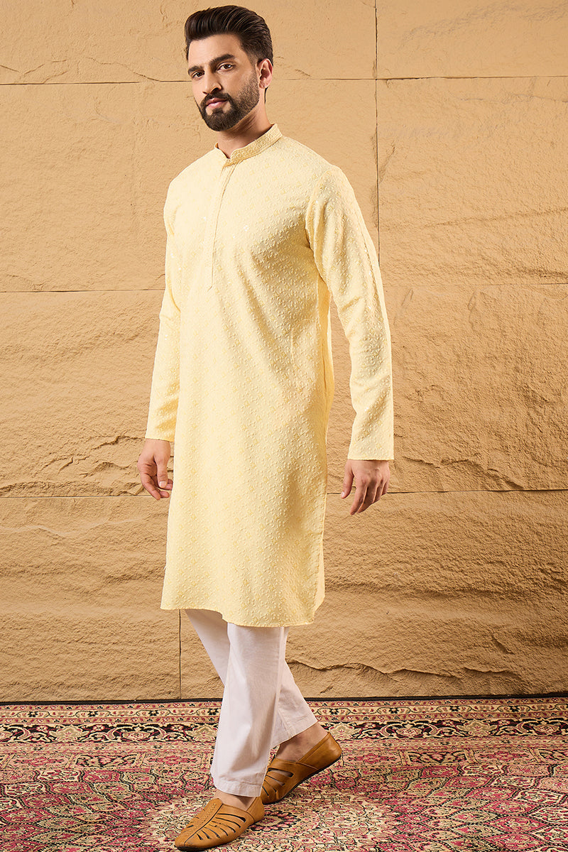 Yellow Rayon Blend Solid Embroidered Straight Kurta HOPMKU1218