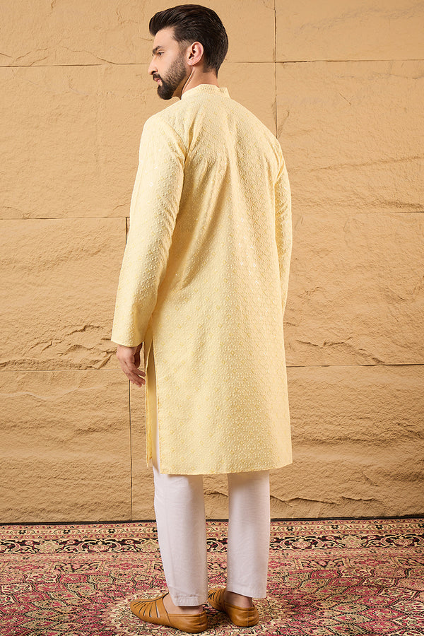 Yellow Rayon Blend Solid Embroidered Straight Kurta HOPMKU1218