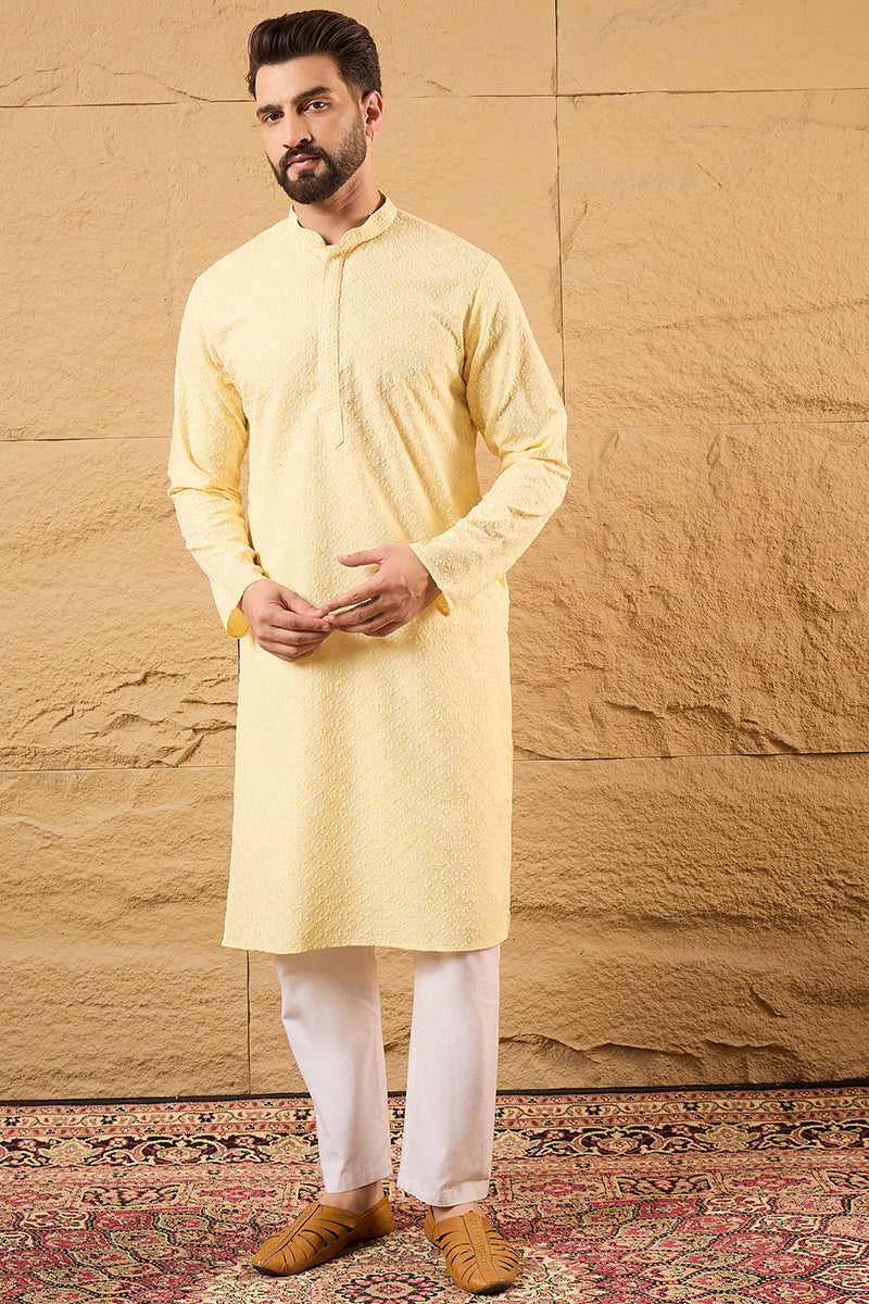 Yellow Rayon Blend Solid Embroidered Straight Kurta HOPMKU1218