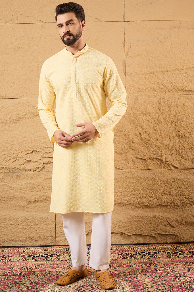 Yellow Rayon Blend Solid Embroidered Straight Kurta HOPMKU1218